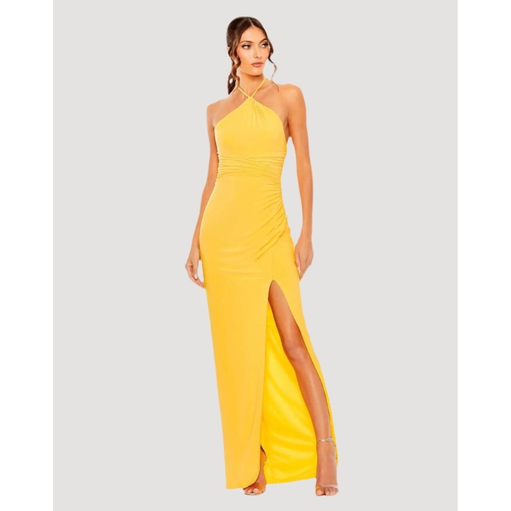 Mac Duggal 27122 Mango Yellow Halter Neck Gown Side Slit Formal Dress Size 2